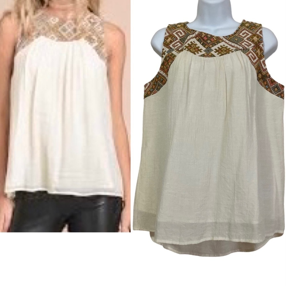 Doe & Rae Cream Sleeveless Top Blouse Size Large Tapestry Lace Up Cut Out Summer